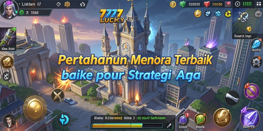 Screenshot gameplay dari 777LUCKY menunjukkan pertempuran menara yang intens.