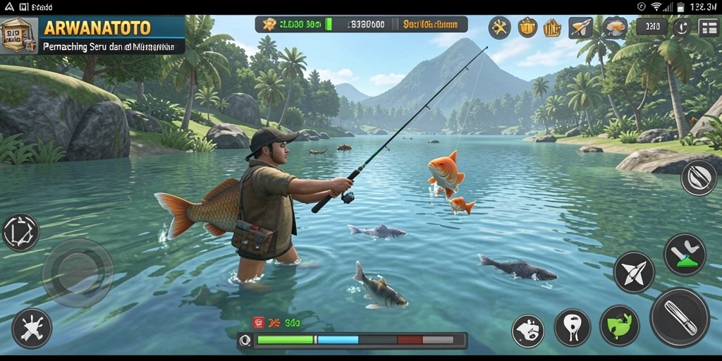 Screenshot gameplay ARWANATOTO yang menunjukkan aksi memancing seru.