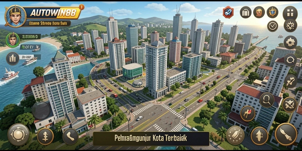 Screenshot gameplay AUTOWIN88 menampilkan pembangunan kota yang dinamis.