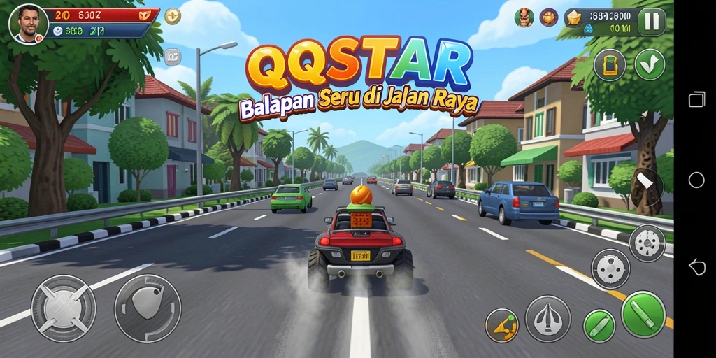 Tampilan gameplay QQSTAR dengan adegan balap yang seru dan mendebarkan.
