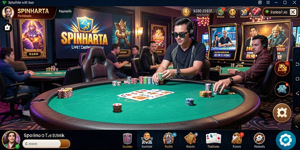 Screenshot gameplay SPINHARTA yang menampilkan dealer profesional dan suasana kasino nyata.
